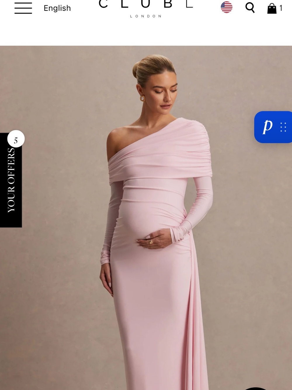 Club L London Blush Pink Asymmetric-Neck Maternity Maxi Dress With Sash Detail - Picture 1 of 3